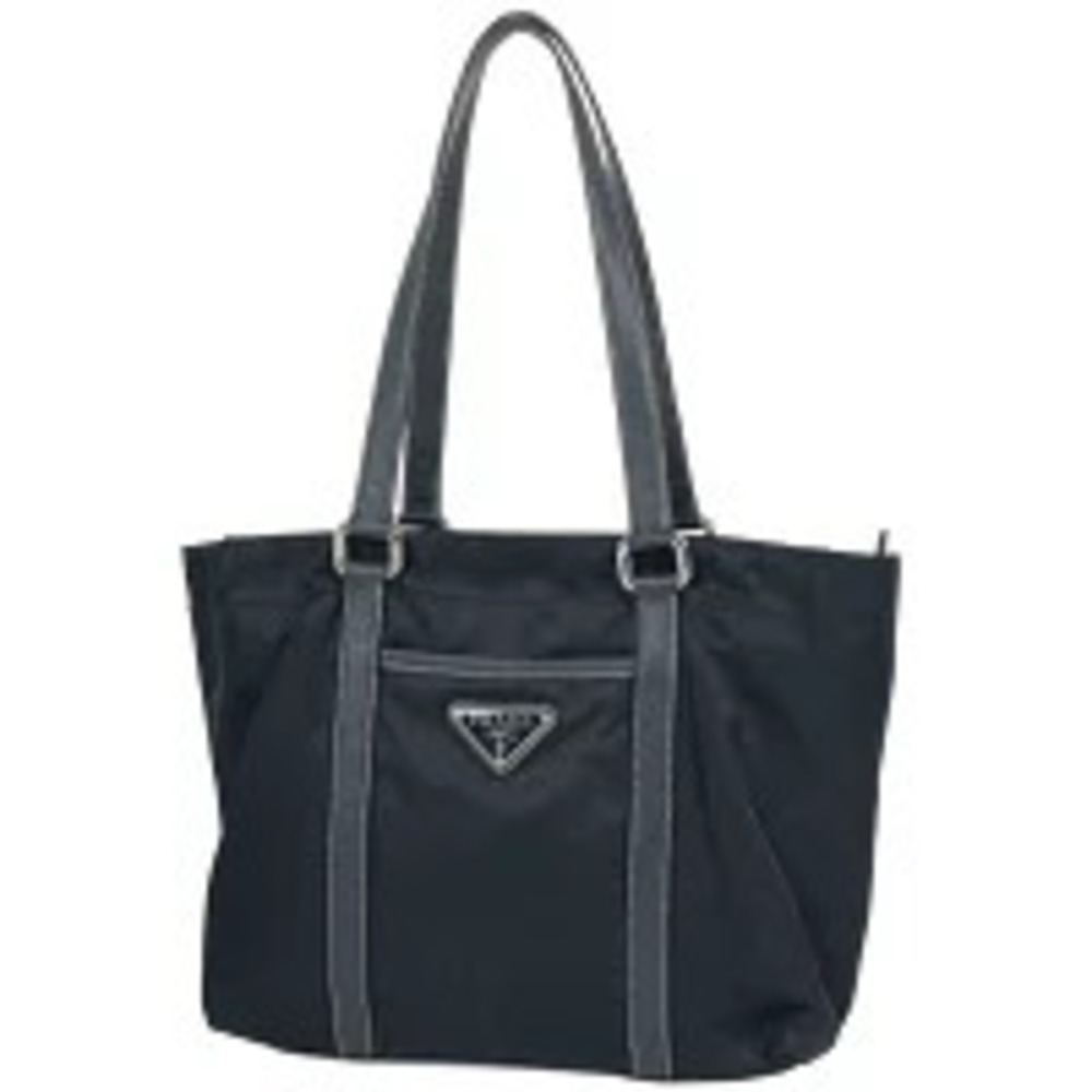 Prada Triangle Plate Tote Bag Shoulder Handbag Tessuto Navy Blue